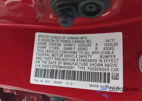 2021 Honda Civic Lx из США, поврежденный, VIN 2HGFC2F65MH555697